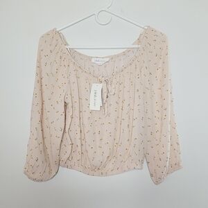 Pink Rose Top Off Shoulder Cropped Women's Medium Pink Ditsy Floral Tie Chest